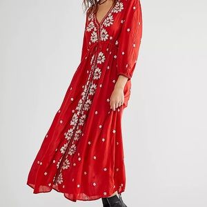 Free People Embroidered Fable Dress Red S